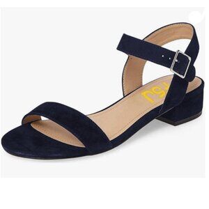 FSJ Navy Casual Open Toe Block Low Heel Ankle Strap Sandals Comfort Summer Shoes
